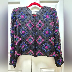 Vtg 80s-90s Stenay Women's Silk Jacket Embellished Intricate sequins Beadwork, S